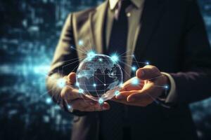Businessman holding a glowing earth globe in his hands. 3D rendering, Close up of businessman hands touching global network concept. 3D rendering, AI Generated photo