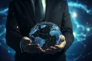Close up of businessman holding in palms glowing earth globe. 3D rendering, Close up of businessman hands touching global network concept. 3D rendering, AI Generated photo