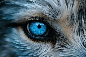 Blue eye of a fox close up. Blue eye of a fox, close up of super bright blue wolf eyes extreme detail, AI Generated photo
