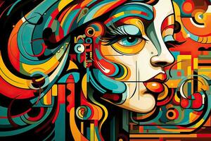 Vector illustration of beautiful woman face on colorful background with abstract elements, Colorful illustration of cubism style, hand drawn artistic, AI Generated photo