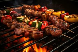 parilla con A la parrilla carne y vegetales en parrilla, de cerca, de cerca de barbacoas Cocinando interrogatorio intenso en carbón, parte superior sección recortado, ai generado foto