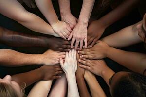 Top view of multiethnic group of people joining hands in circle, Closeup of diverse people joining their hands, top view, AI Generated photo