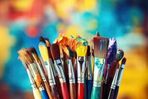 Paint brushes and paints on the background of the school palette, Colorful artist brushes and paint, AI Generated photo