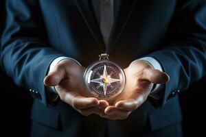 Businessman holding a compass in his hands. Close up view, Close up of businessman hand holding compass. Digital business concept, AI Generated photo