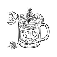 Mulled wine in a glass mug with orange and cinnamon stick. Winter warming drink. Vector illustration in engraving style.