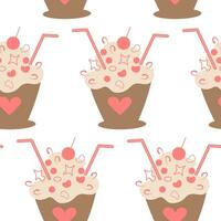 Seamless pattern of abstract image of dessert in cup with cherry, straw and confectionery decoration vector