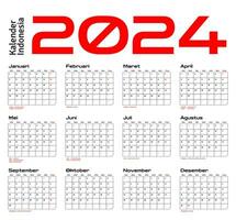 indonesio calendario 2024 modelo vector, sencillo mínimo diseño, planificador 2024 año, kalender Indonesia 2024 año, semana empieza domingo, conjunto de 12 mes vector