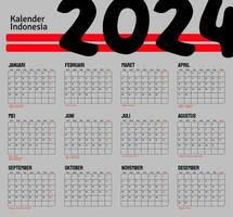 Indonesian Calendar 2024 template vector, simple minimal design, Planner 2024 year, kalender indonesia 2024 year, Week Starts sunday, Set of 12 month vector