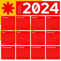 indonesio calendario 2024 modelo vector, sencillo mínimo diseño, planificador 2024 año, kalender Indonesia 2024 año, semana empieza domingo, conjunto de 12 mes vector