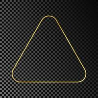 Gold glowing rounded triangle frame isolated on dark background. Shiny frame with glowing effects. Vector illustration.