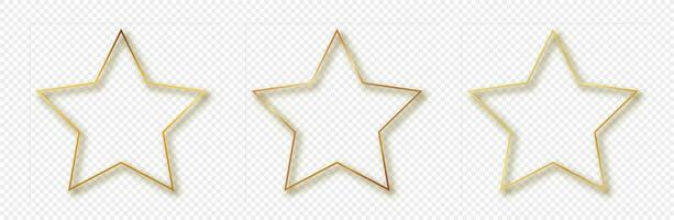 Set of three gold glowing star shape frames isolated on background. Shiny frame with glowing effects. Vector illustration.