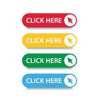 Click here button with arrow pointer clicking icon. Click here vector web button. Web button with action of arrow pointer.