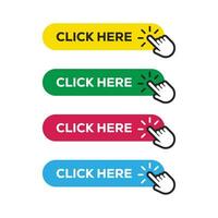 Click here button with arrow pointer clicking icon. Click here vector web button. Web button with action of arrow pointer.