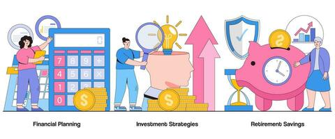 financiero planificación, inversión estrategias, Jubilación ahorros concepto con personaje. financiero seguridad resumen vector ilustración colocar. riqueza acumulación, Jubilación planificación metáfora