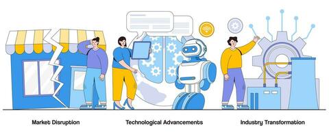 Market disruption, technological advancements, industry transformation concept with character. Digital transformation abstract vector illustration set. Disruptive technologies, market evolution