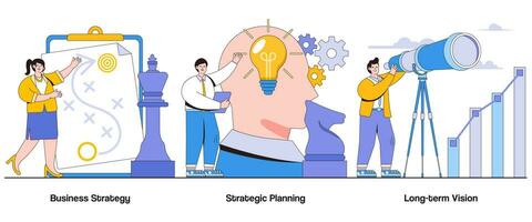 Business strategy, strategic planning, long-term vision concept with character. Strategic thinking abstract vector illustration set. Goal setting, action planning, strategic implementation metaphor