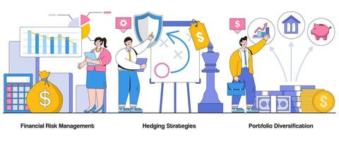 Financial risk management, hedging strategies, portfolio diversification concept with character. Risk mitigation abstract vector illustration set. Risk assessment, market volatility metaphor