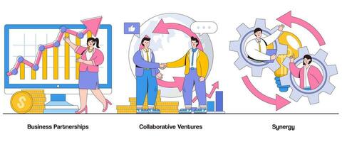 Business partnerships, collaborative ventures, synergy concept with character. Strategic alliances abstract vector illustration set. Mutual growth, shared resources, collaborative success metaphor