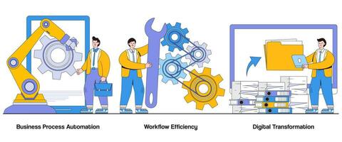 Business process automation, workflow efficiency, digital transformation concept with character. Process optimization abstract vector illustration set. Streamlined operations, effortless workflows