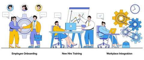 Employee onboarding, new hire training, workplace integration concept with character. Employee integration abstract vector illustration set. Smooth transition, team assimilation, employee retention