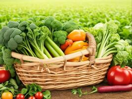Healthy Eating Fresh Organic Vegetables in a Rustic Farm Basket, Generative Ai photo