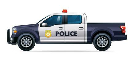 Police car vector illustration. Patrol official vehicle, pickup truck side view isolated on white background