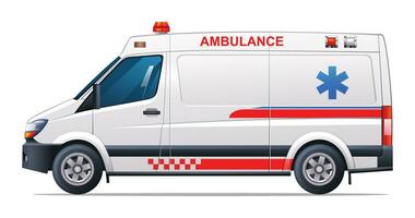 Ambulance car side view vector illustration. Emergency medical service vehicle isolated on white background