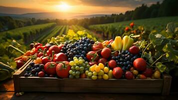 un de madera caja lleno con recién cosechado frutas y verduras, ai generado foto