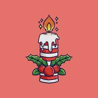 Cartoon vector illustration of Christmas candle and mistletoe. Christmas Cartoon Vector illustration. Merry christmas card. Candle and holly.