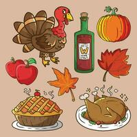 Thanksgiving cartoon vector illustration set - turkeys, wine, apple, pumpkins and other. Set of colorful cartoon icons for thanksgiving day