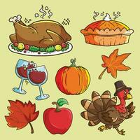 Cute Thanksgiving cartoon vector illustration set - turkeys, wine, apple, pumpkins and other. Set of colorful cartoon illustrations for thanksgiving day.