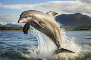 Dolphin playing and jumping out of the water , professional photography. Generative AI photo