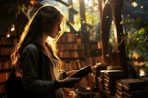 Girl in the library of the school discovering a book. Generative AI photo