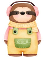 Isolated cute sloth standing wear earmuff and yellow scarf in winter png