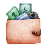 Isolated cute wallet with money and card for shopping in watercolor style png
