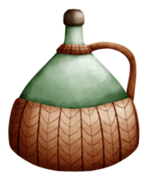 Isolated cute and vintage green wine bottle with knitted handle in watercolor style png