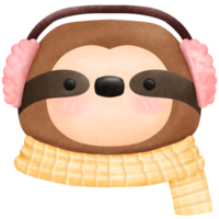 Isolated cute sloth wear earmuff and yellow scarf in winter png