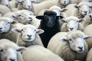 One black sheep in a flock of white sheep. Generative AI photo