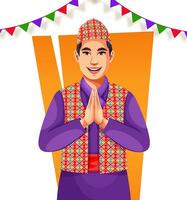 Nepal boy wearing ethnic clothing. Cartoon characters in traditional costume. Costume and Tourist Attraction vector flat illustration