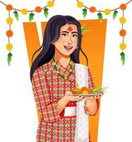 Dashain A Popular Festival in Nepal. Nepalese girl hold Tika and Jamara Plate for Dashain Festival celebration vector