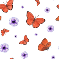 revoloteando naranja mariposas entre lila anémona flores acuarela sin costura modelo. escaso cobre mariposas ilustración para huellas dactilares, tela, textil, álbum de recortes, envase. png