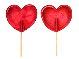 Transparent red caramel in the shape of heart Set of candies, bonbons, lollipop, sugar caramels on stick. Watercolor illustration for candy shop, store, postcard png