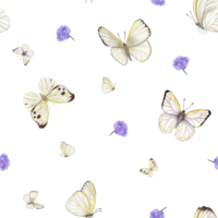 Charming flying white butterflies among blue anemone flowers. Cabbage butterflies. Watercolor seamless pattern. For prints, fabric, textile, scrapbooking, wrapping. png