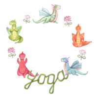 Round frame with of stylish cartoon Dragons in various poses of yoga. Animal meditation. The words yoga. Colored Dragons practicing fitness exercises. Watercolor illustration png