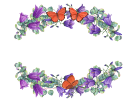 bevallig bloemen kader. klokje, eucalyptus, grasklokjes, blauw klok bloemen, oranje vlinders. waterverf illustratie. ruimte voor tekst. voor label, hartelijk groeten, uitnodiging ontwerp png