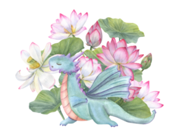 Dragon standing in triangle pose among blooming water lilies. Animal practicing yoga exercises. Floral composition. Realistic lotus flower, leaves. Watercolor illustration for label, greeting png