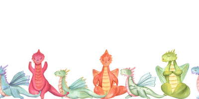 Dragons in various poses of yoga. Seamless banner. Animal meditation. Colored Dragons practicing fitness exercises. Horizontal board. Watercolor illustration for yoga center, package, label png