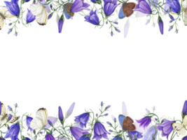 Horizontal frame of bell flowers and fluttering butterflies. Watercolor floral illustration of summer meadow wildflowers. Campanula, harebells, white and blue butterflies. Space for text png