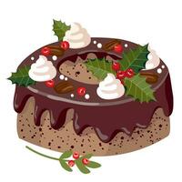 Chocolate Christmas cake with meringue and holly. A festive cake with chocolate icing and meringue decoration. Illustrated vector clipart.