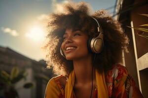 africano americano mujer escucha música con auriculares en ciudad calle, generativo ai. foto